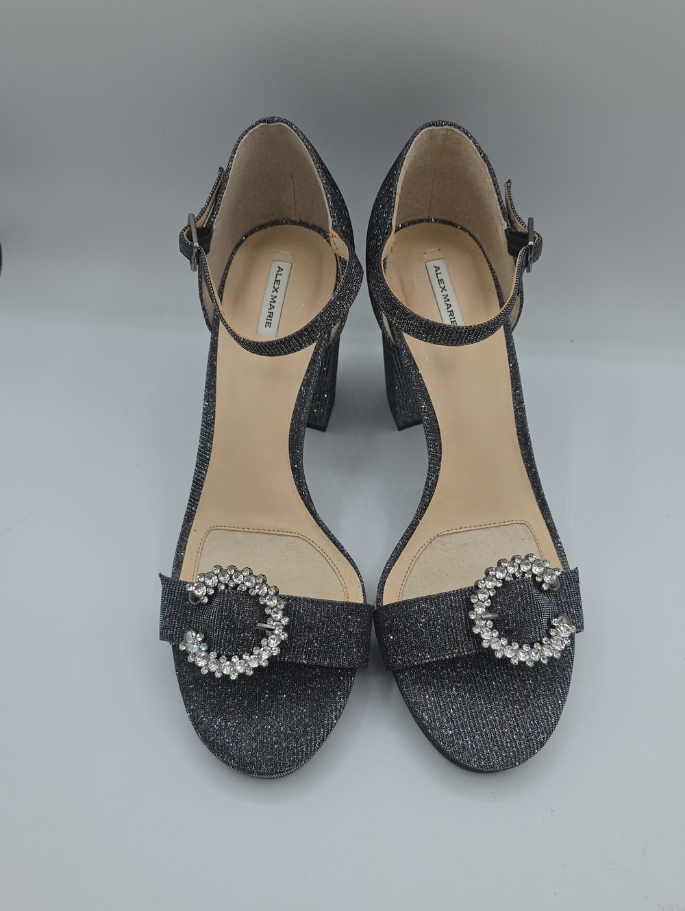 Alex Marie Black Glitter Block Heel Sandals with Crystal Circle Accent